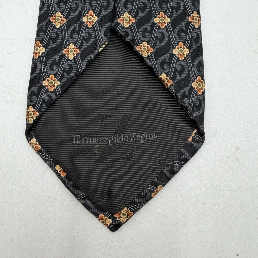 Ermenegildo Zegna Tie Mens One Size Black Silk Floral Pattern Made In Italy
